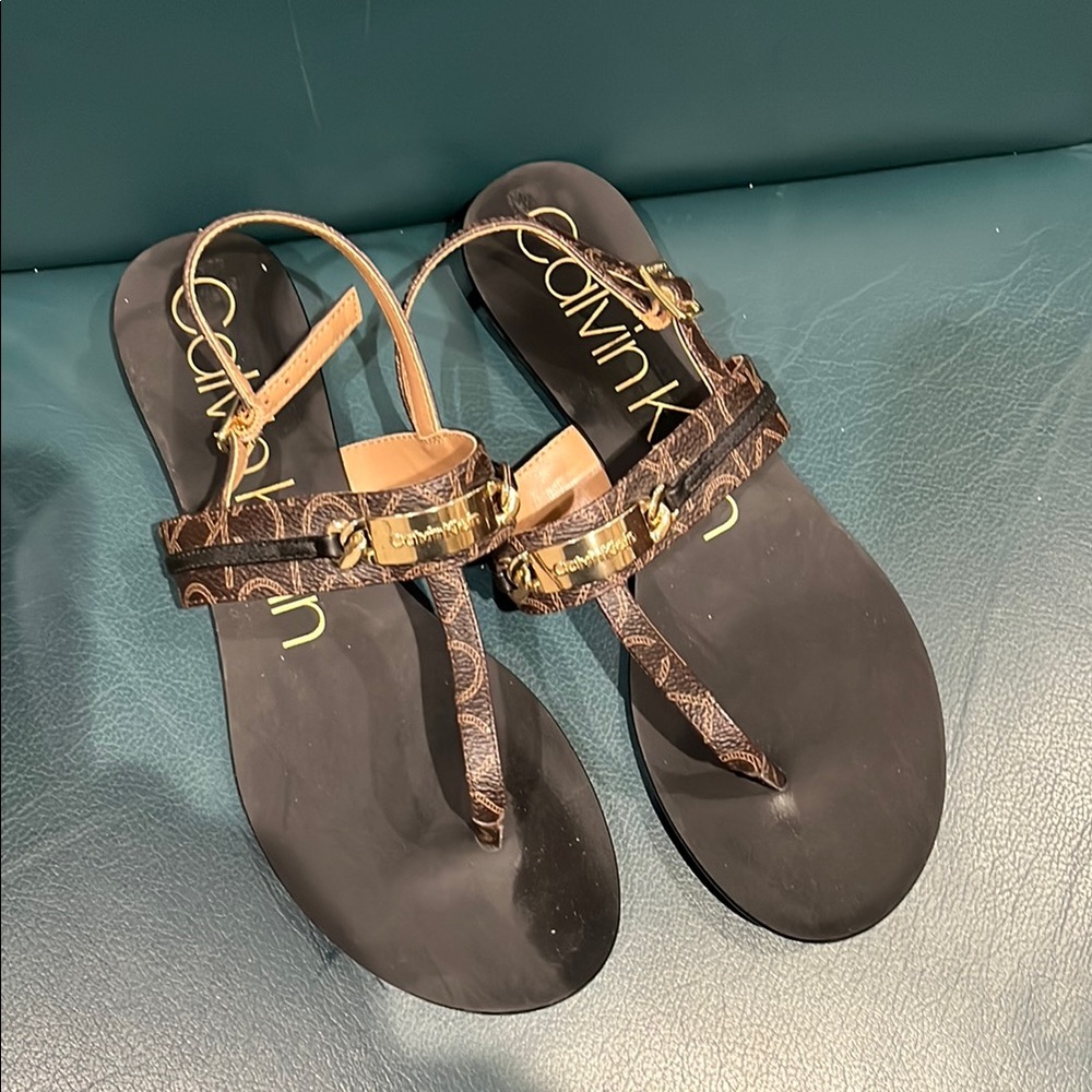 Calvin Klein Brown T-Strap Sandals with Metallic Accents